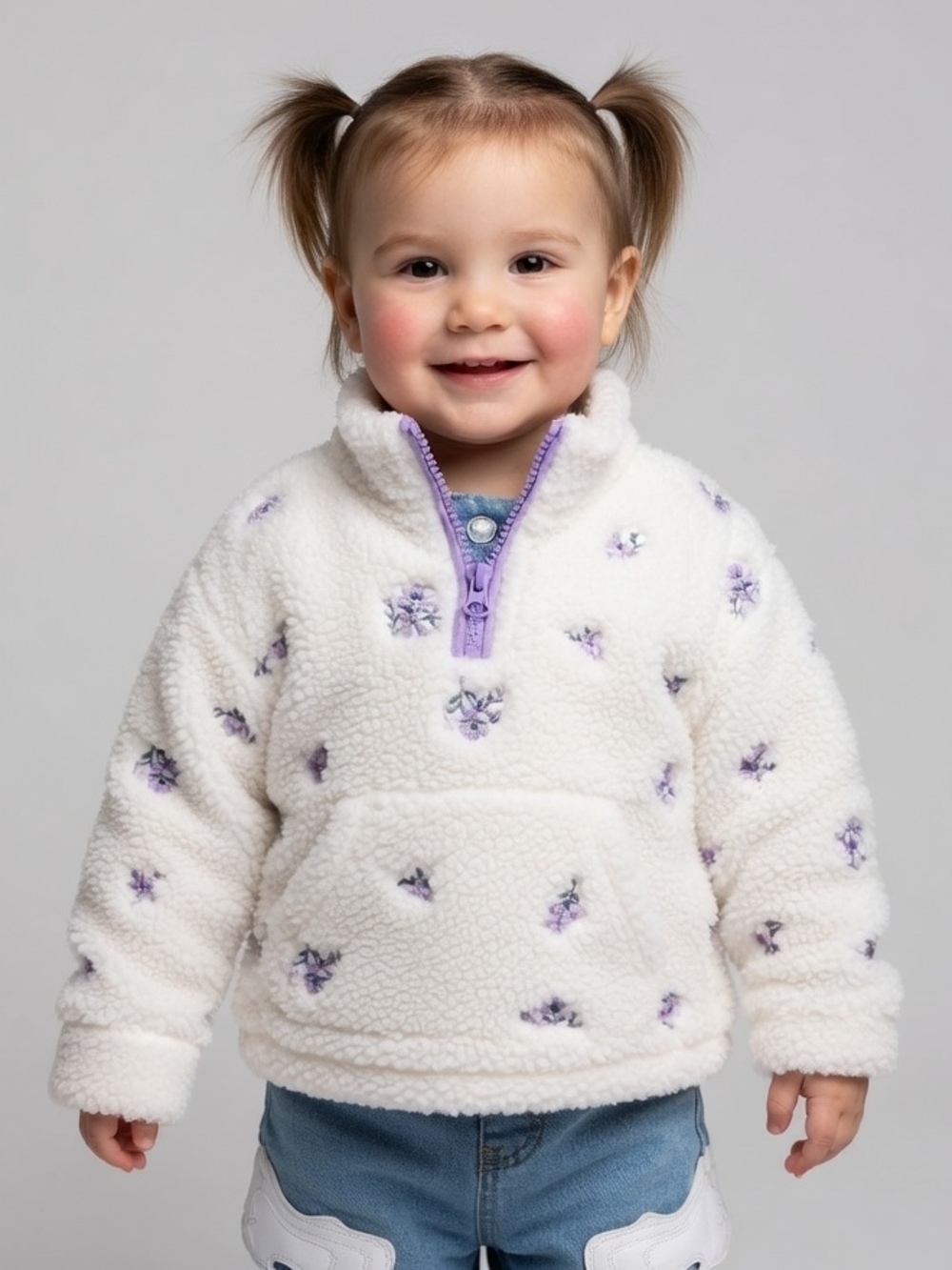 Nicole Miller Cream Sherpa Puffer Pullover with Lavender Floral Accents